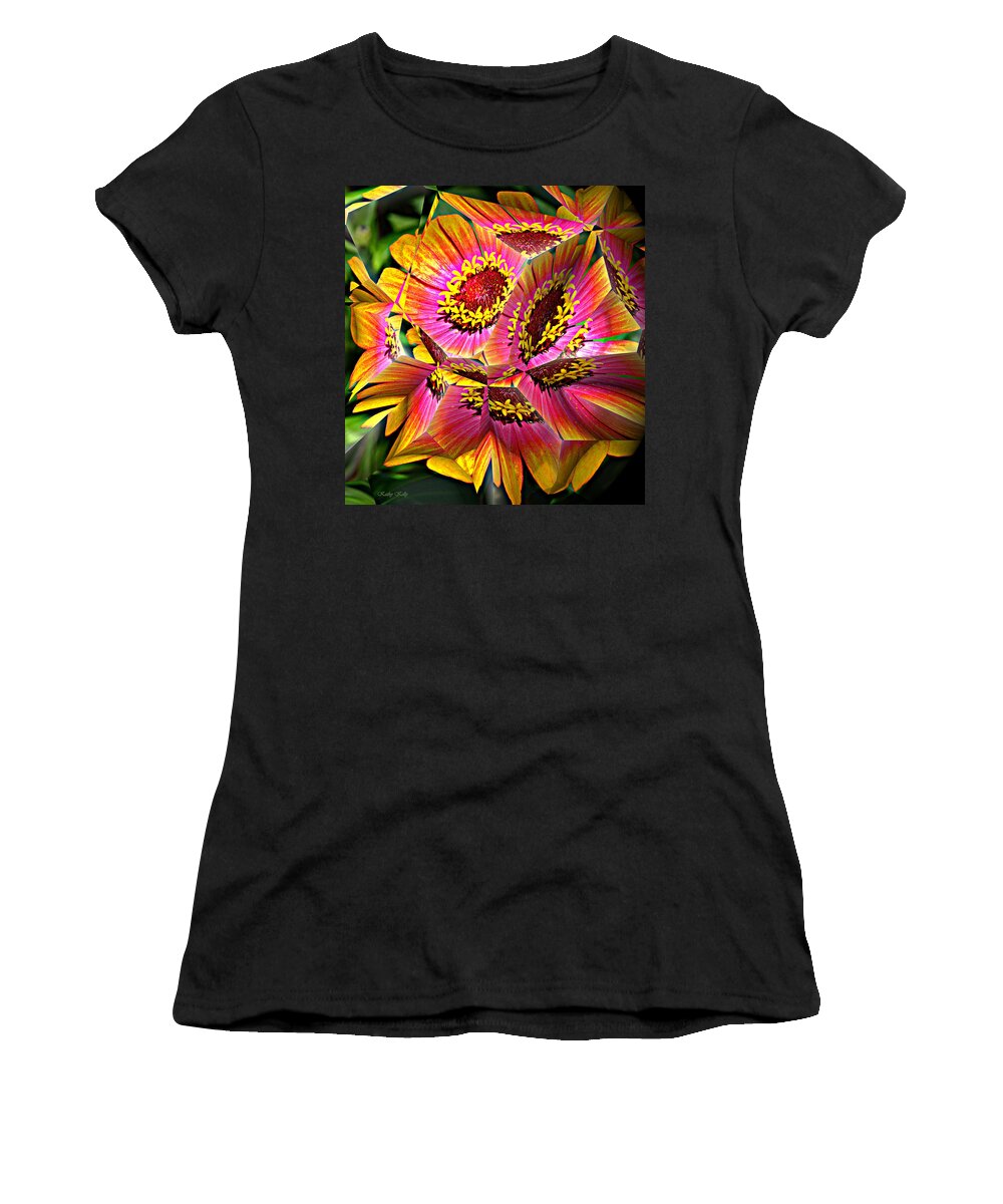 Flower Women's T-Shirt featuring the digital art Abstract Yellow Flame Zinnia by Kathy Kelly