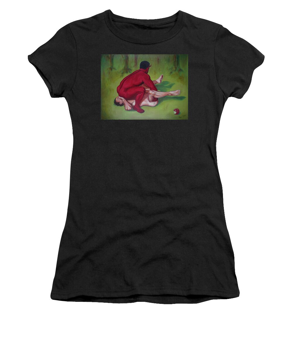 Erotic Women's T-Shirt featuring the painting Adam Tastes The Apple by Alex Abel