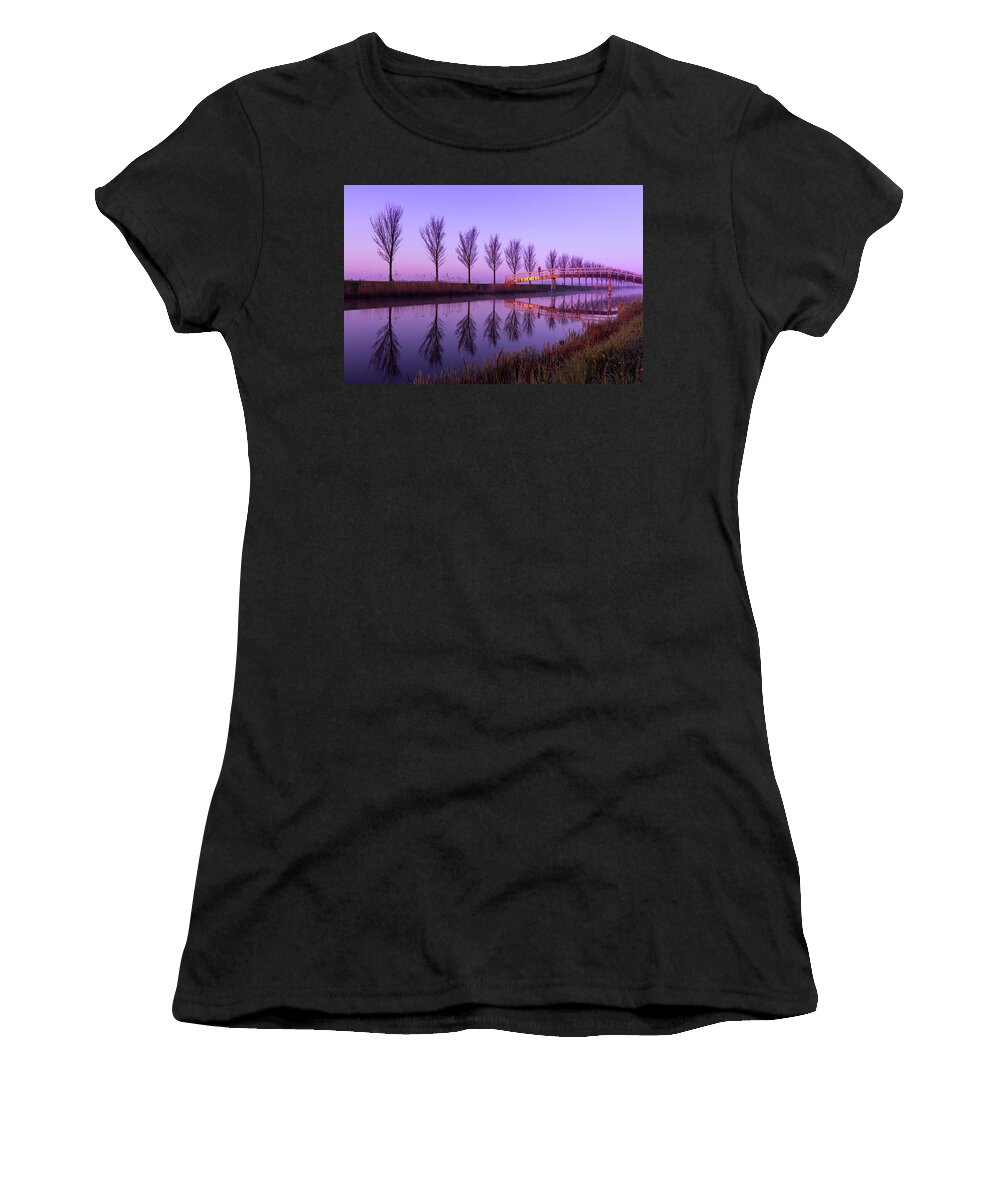 Bridge Women's T-Shirt featuring the photograph Alone on a Canal Bridge by Sue Leonard