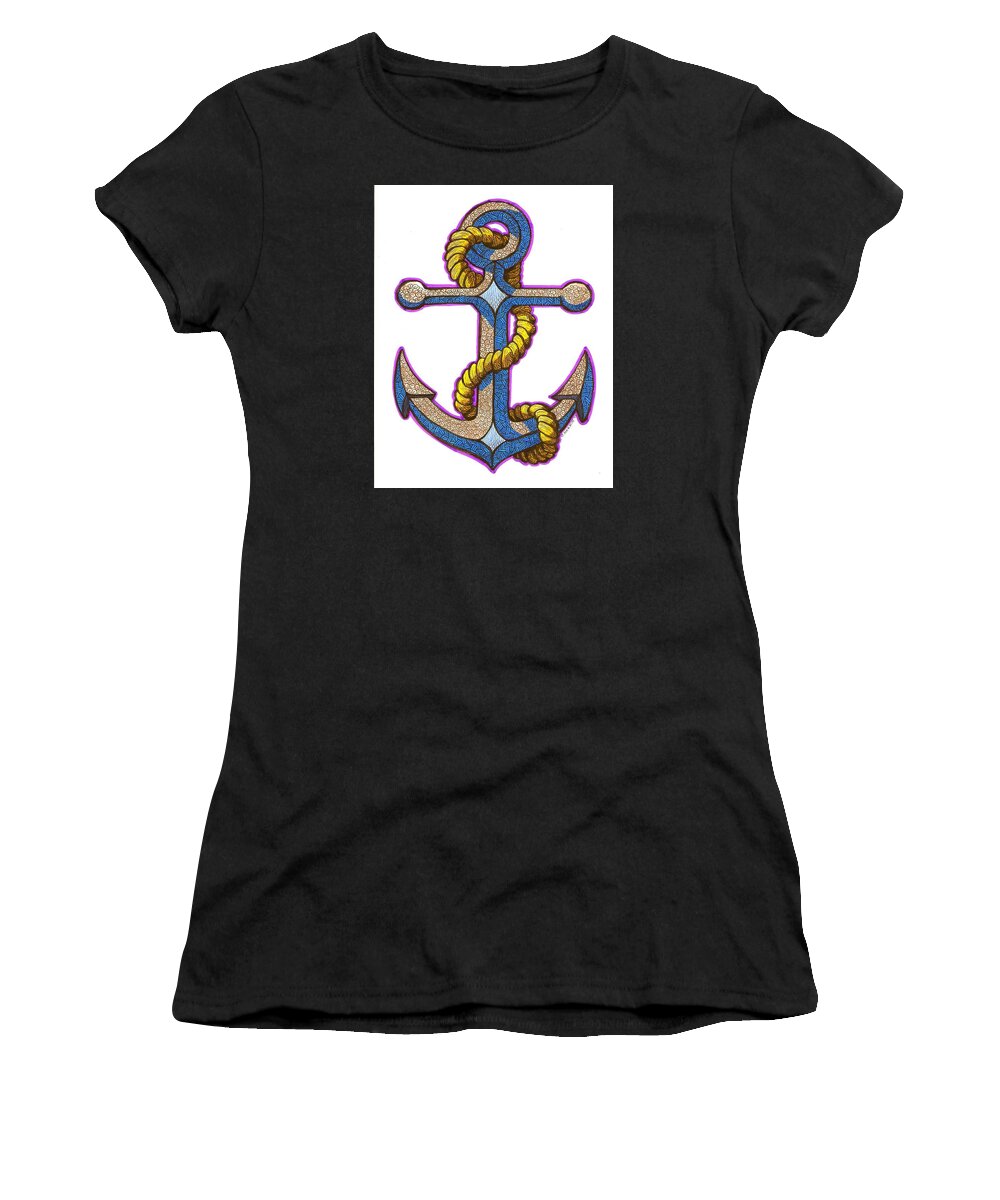 Anchor-colorized Women's T-Shirt featuring the drawing Anchor Colorized by Jim Harris