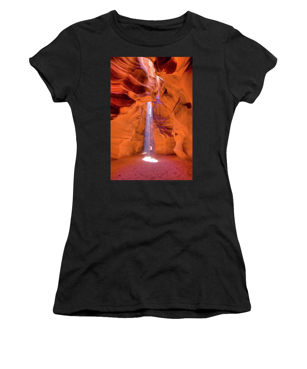 Antelope Canyon Women's T-Shirt featuring the photograph Antelope Canyon light shafts by Greg Smith