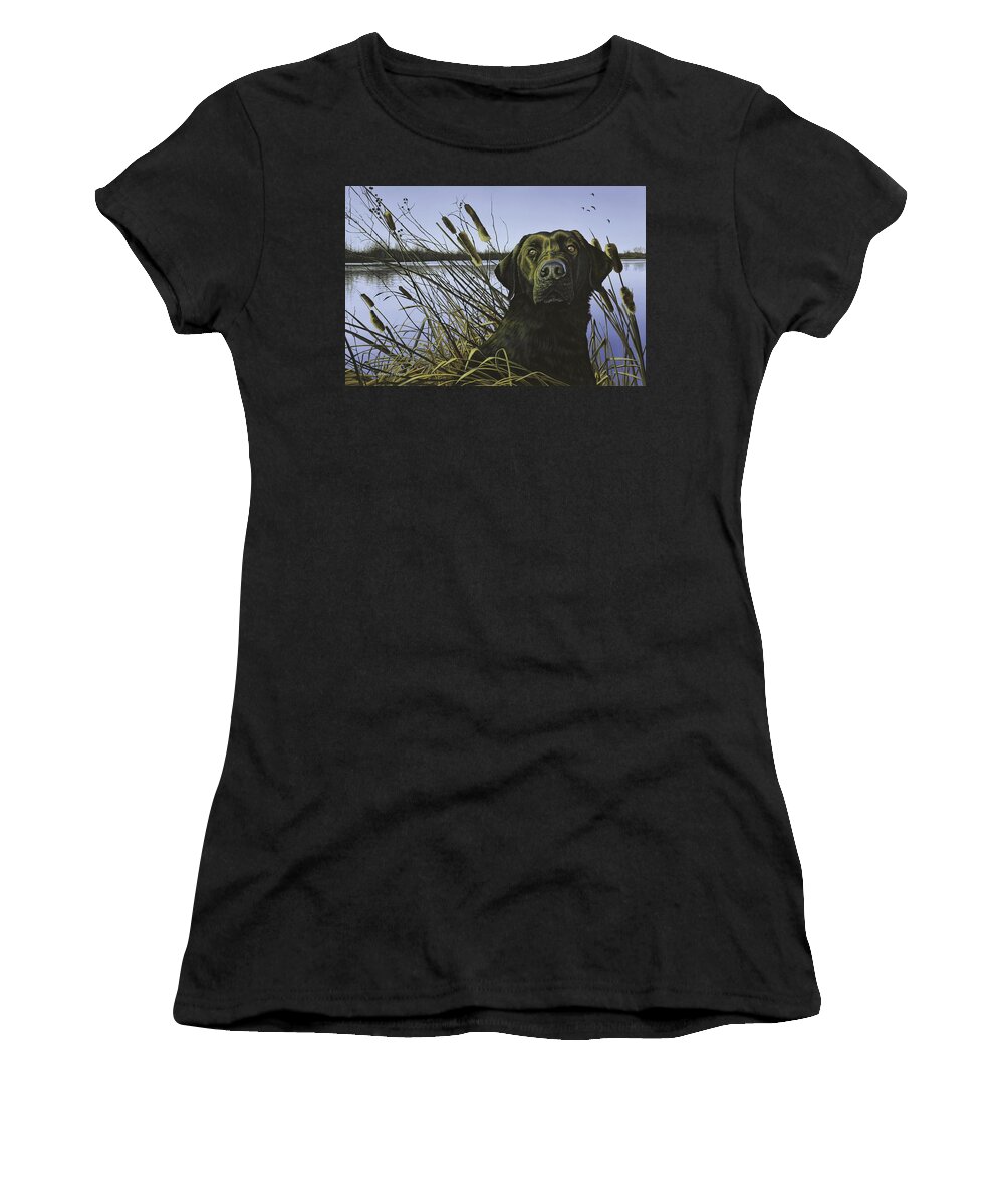 Black Lab Women's T-Shirt featuring the painting Anticipation - Black Lab by Anthony J Padgett
