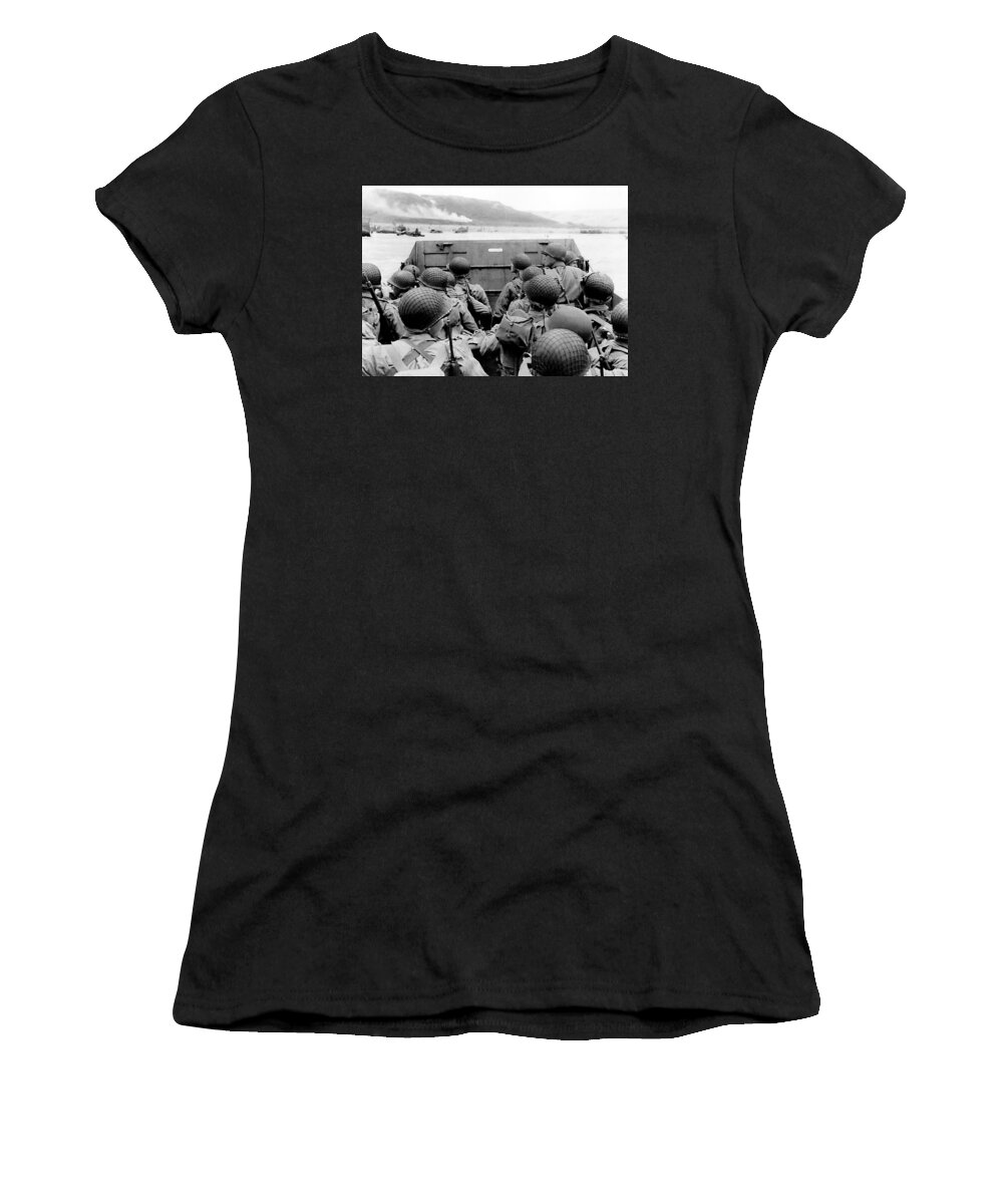Invasion Of Normandy Women's T-Shirt featuring the photograph Approaching Omaha Beach - Invasion of Normandy - June 6, 1944 by War Is Hell Store