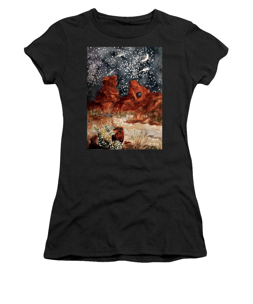 Arches National Park Women's T-Shirt featuring the painting Arches - Dark of Night by Ellen Levinson