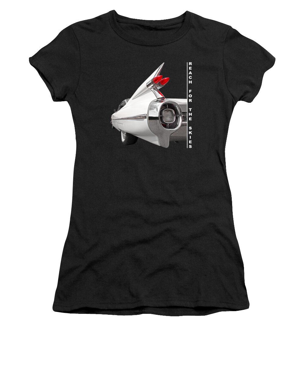Cadillac Women's T-Shirt featuring the photograph Reach For The Skies - 1959 Cadillac Tail Fins Black and White by Gill Billington