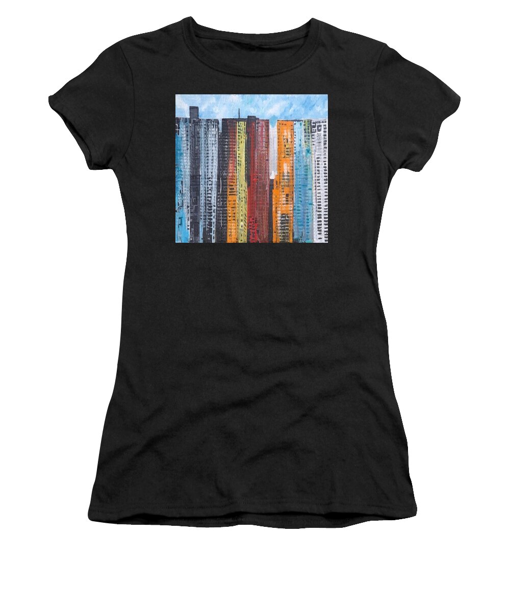 Acrylic Women's T-Shirt featuring the painting Tower Block - flats for rent by Denise Morgan
