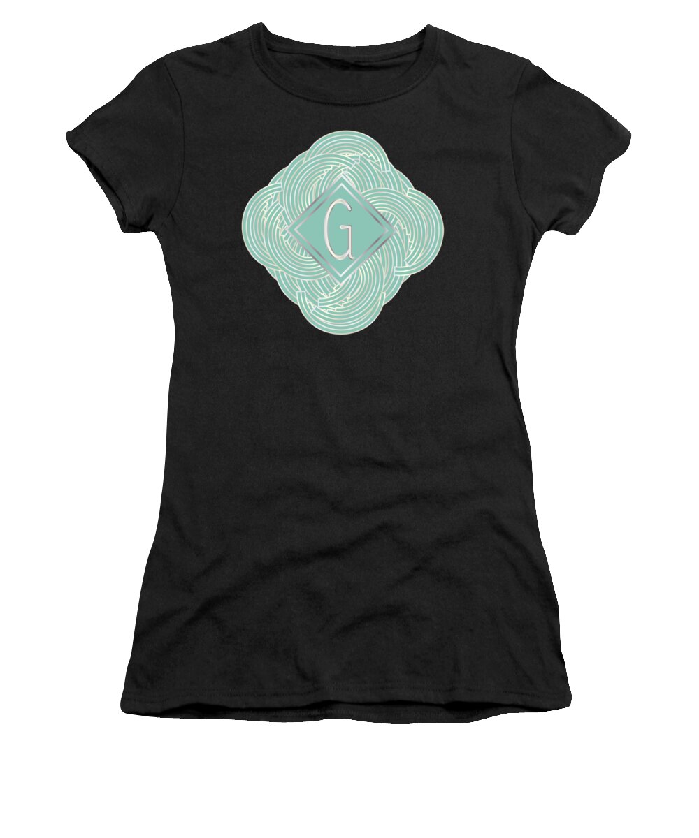 Monogrammed Women's T-Shirt featuring the digital art 1920s Blue Deco Jazz Swing Monogram ...letter G by Cecely Bloom