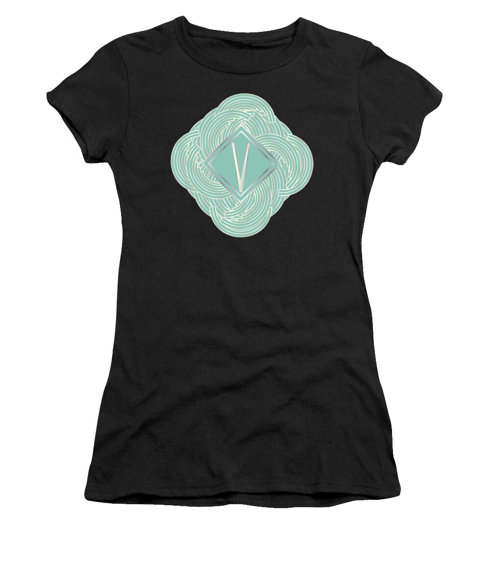 Monogrammed Women's T-Shirt featuring the digital art 1920s Blue Deco Jazz Swing Monogram ...letter V by Cecely Bloom