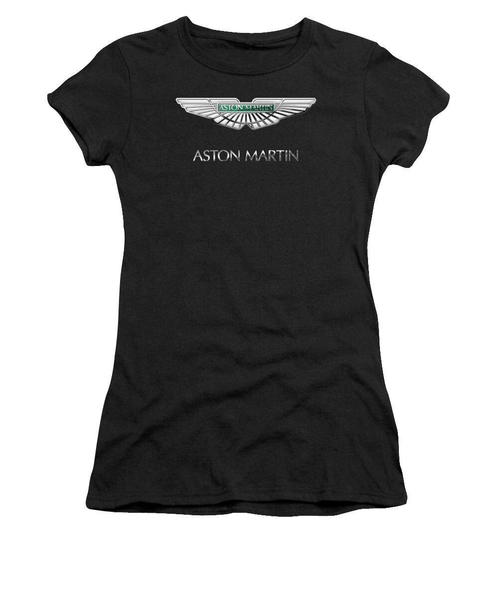 'wheels Of Fortune Collection By Serge Averbukh Women's T-Shirt featuring the photograph Aston Martin 3 D Badge on Black by Serge Averbukh