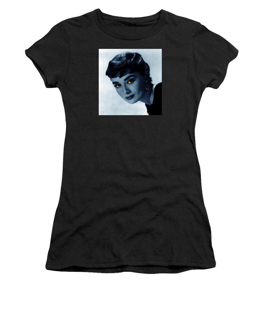 Audrey Hepburn Women's T-Shirt featuring the photograph Audrey in blue by Emme Pons