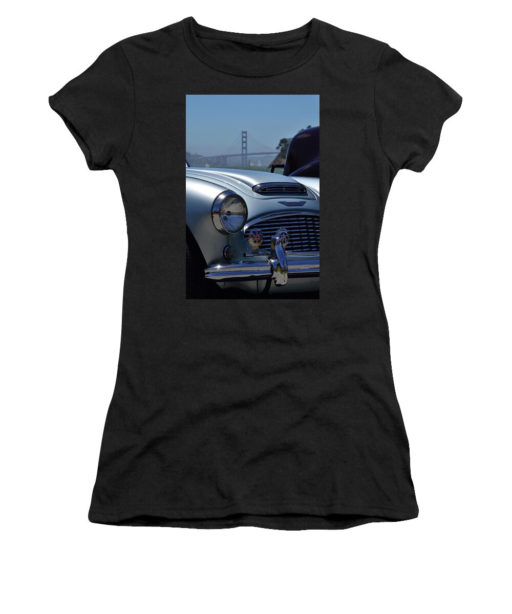  Women's T-Shirt featuring the photograph Austin Healey and Golden Gate Bridge by Dean Ferreira
