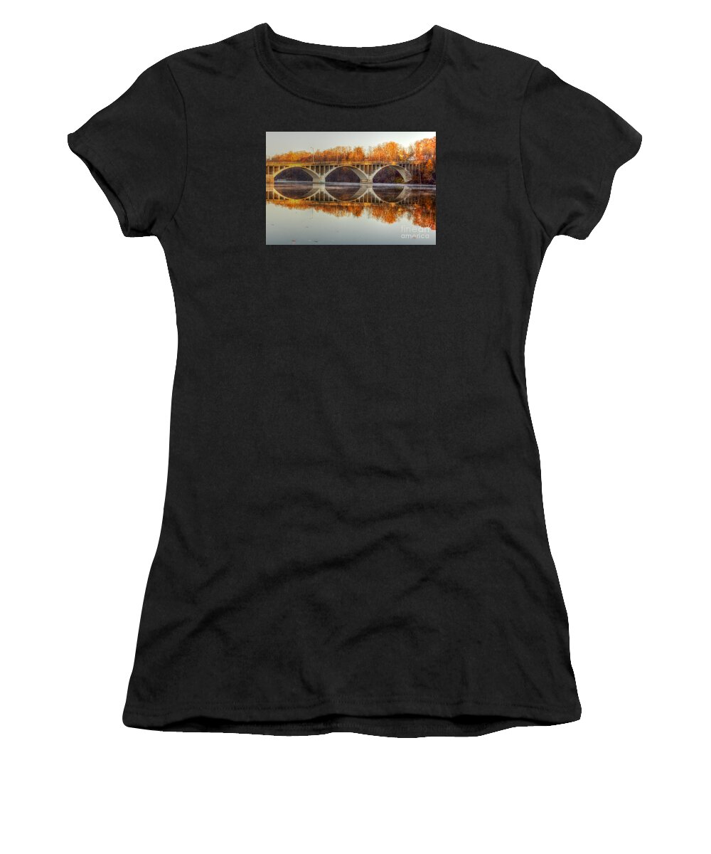 Rivers Women's T-Shirt featuring the photograph Autumn Bridge Reflections by Rod Best