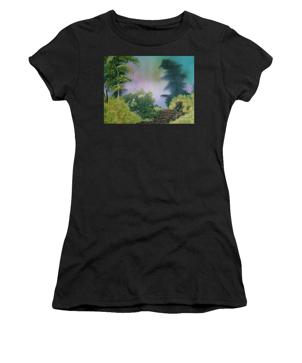Landscape Women's T-Shirt featuring the painting Backwoods Mist by Jim Saltis