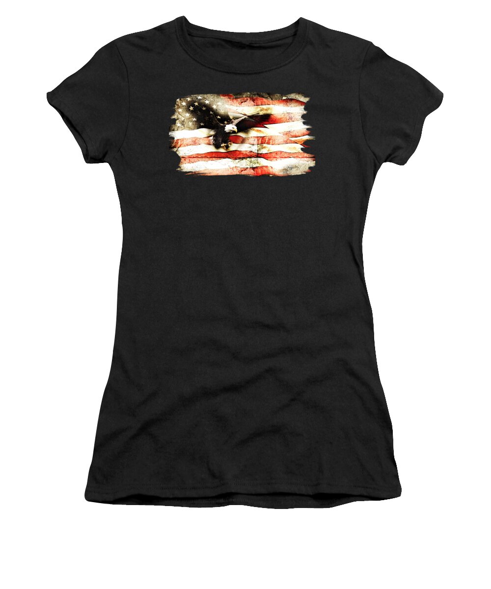 Memorial Day Women's T-Shirt featuring the photograph Bald Eagle Bursting Thru Flag by Eleanor Abramson