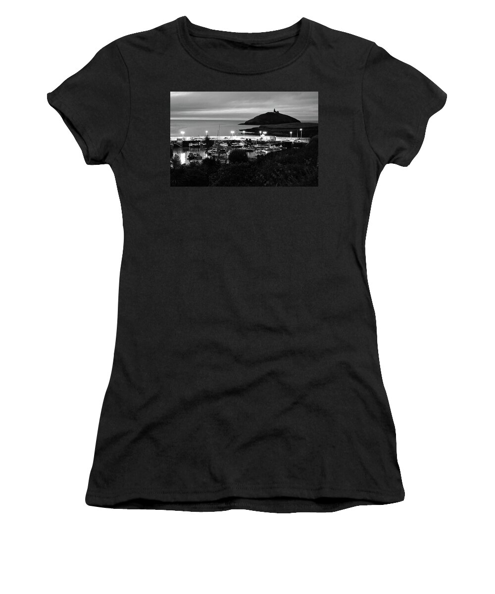 Travelpixpro Ireland Women's T-Shirt featuring the photograph Ballycotton Ireland Marina Harbour and Lighthouse East County Cork Black and White by Shawn O'Brien