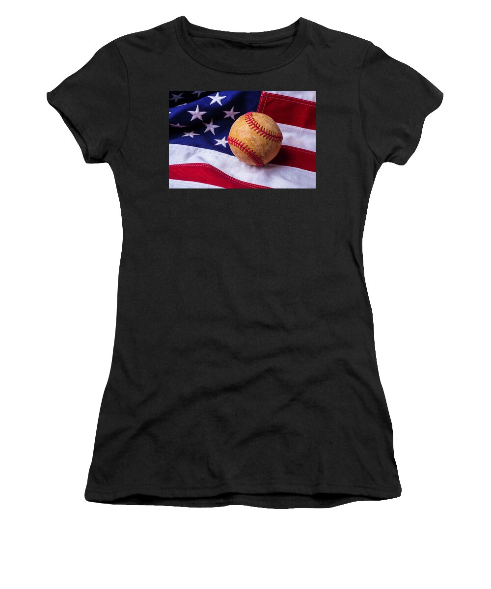 Baseballs Women's T-Shirt featuring the photograph Baseball And American Flag by Garry Gay
