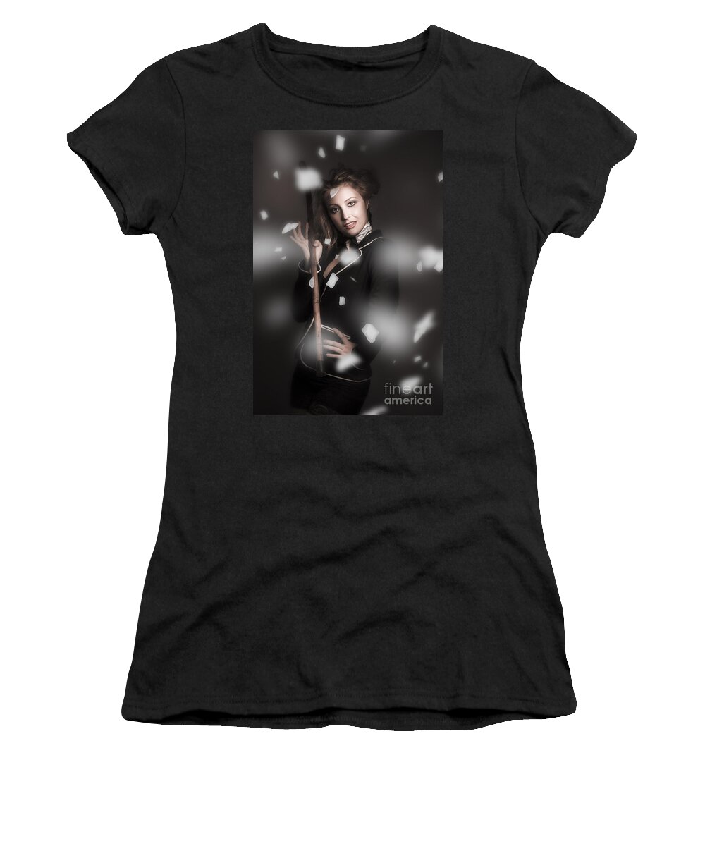 Dancer Women's T-Shirt featuring the photograph Beautiful vintage girl dancing with flower petals by Jorgo Photography