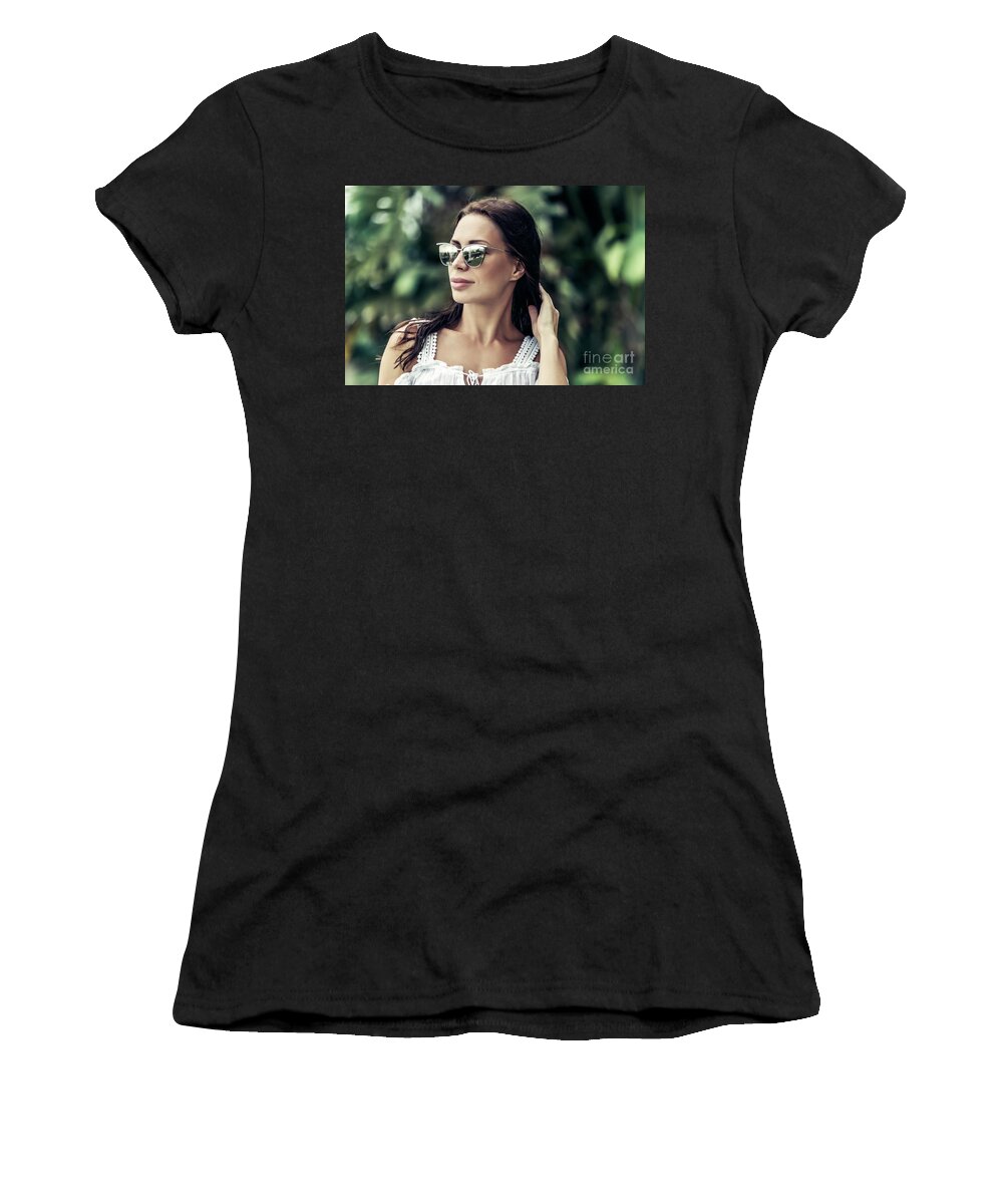 Adult Women's T-Shirt featuring the photograph Beautiful woman on summer vacation by Anna Om