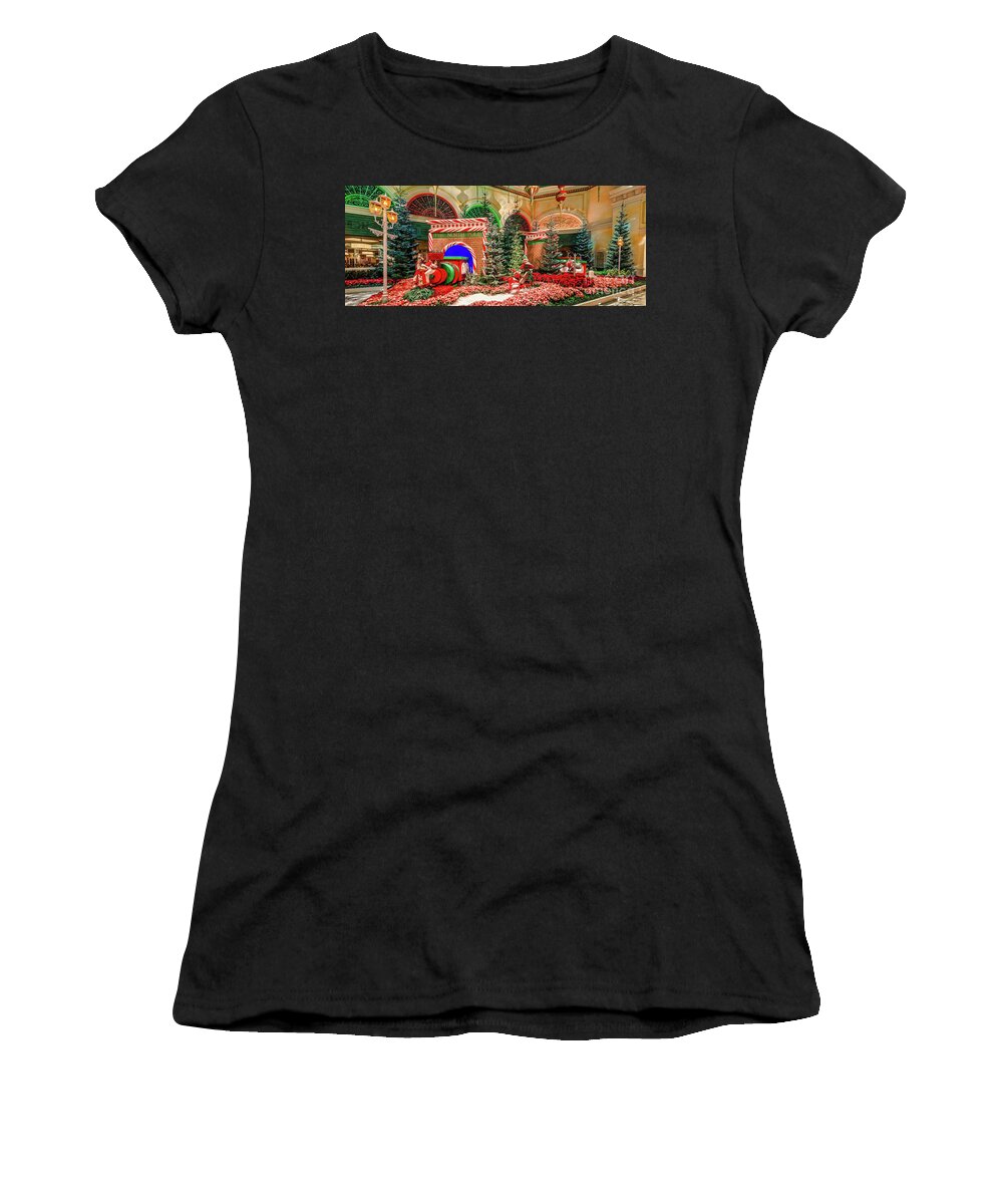 Bellagio Christmas Tree Women's T-Shirt featuring the photograph Bellagio Christmas Train Decorations Angled 2017 2.5 to 1 Ratio by Aloha Art