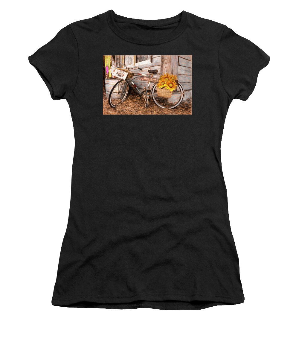 American Women's T-Shirt featuring the photograph Bicycle in the Garden Art Earth Tones with Sunflowers by Debra and Dave Vanderlaan