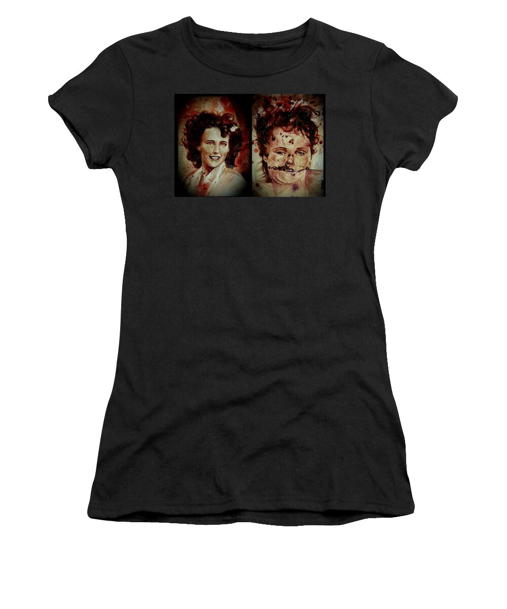 Ryan Almighty Women's T-Shirt featuring the painting Black Dahlia Elizabeth Short before and after by Ryan Almighty