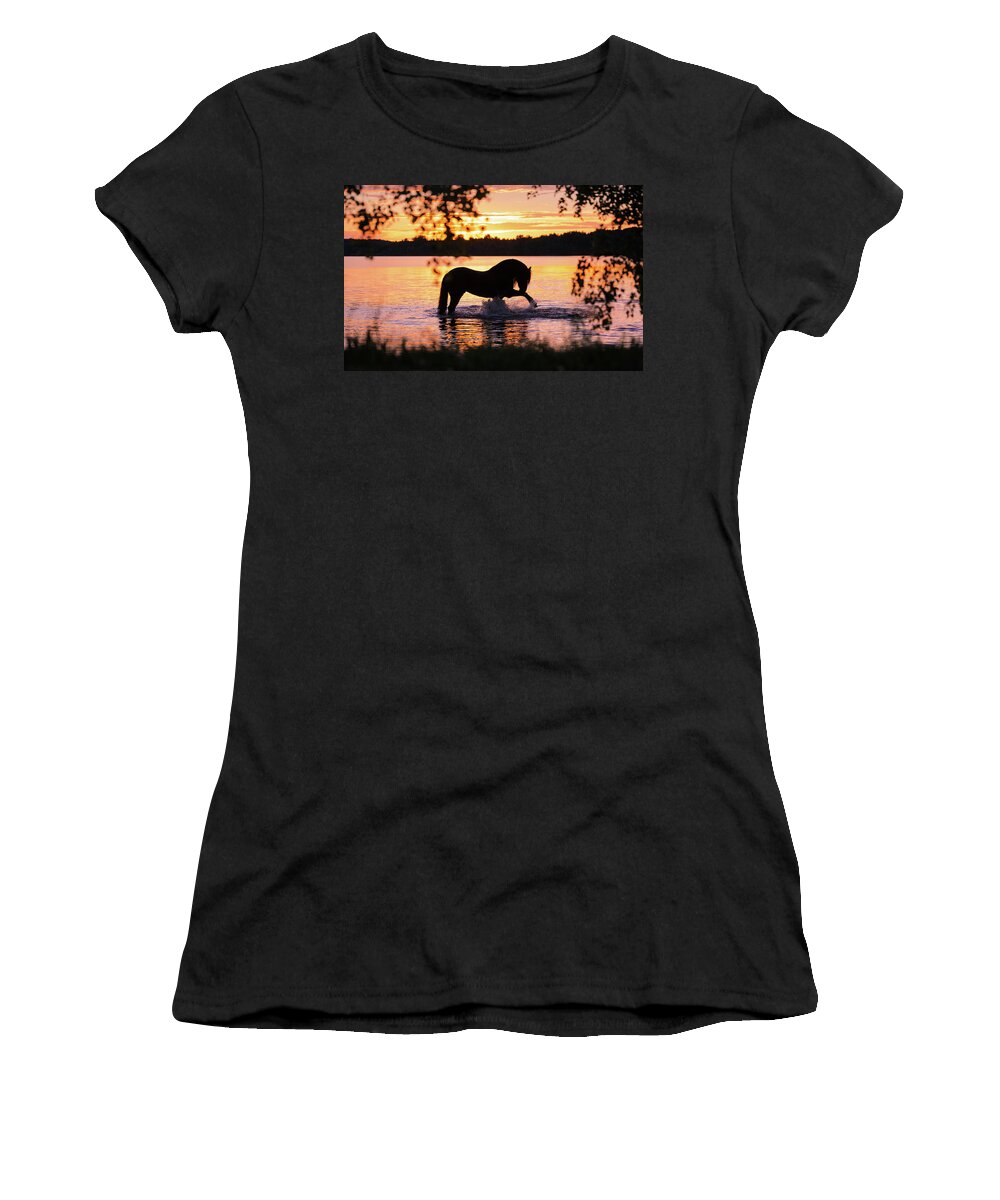 Russian Artists New Wave Women's T-Shirt featuring the photograph Black Horse Bathing in Sunset River by Ekaterina Druz