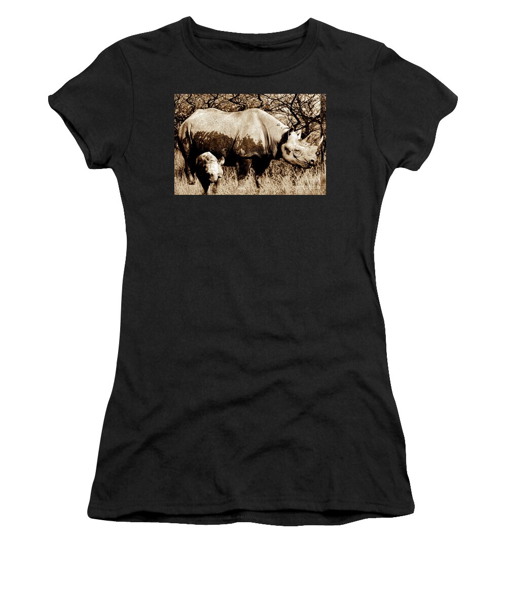Rhinoceros Women's T-Shirt featuring the photograph Black Rhino and youngster by Baggieoldboy