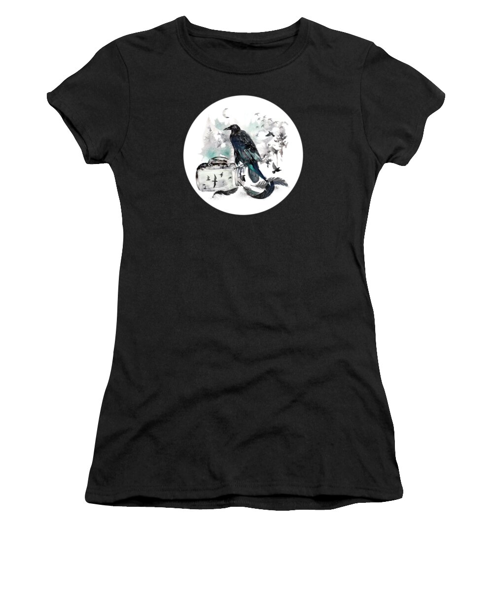 Painting Women's T-Shirt featuring the painting Blackwinged Birds Fly Past The Moonlit Raven's Eye by Little Bunny Sunshine