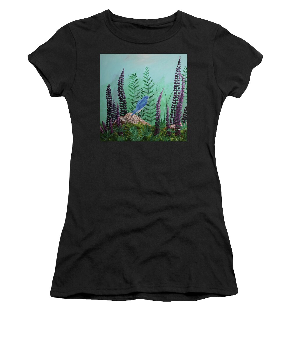 Acrylic Women's T-Shirt featuring the painting Blue chickadee standing on a rock 1 by Martin Valeriano