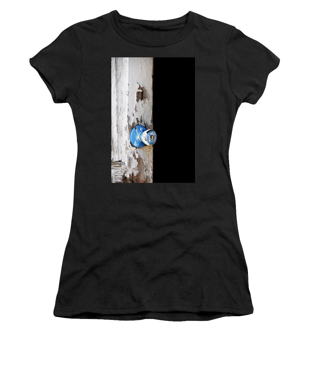 Darin Volpe Abandoned Women's T-Shirt featuring the photograph Blue -- Doorknob on an Old Door in Hwy 166,Santa Barbara County, California by Darin Volpe