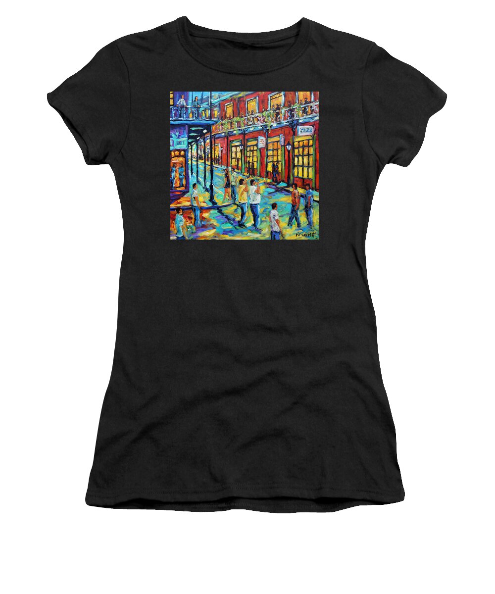 Aquebec Women's T-Shirt featuring the painting Bourbon Street New Orleans by Prankearts by Richard T Pranke