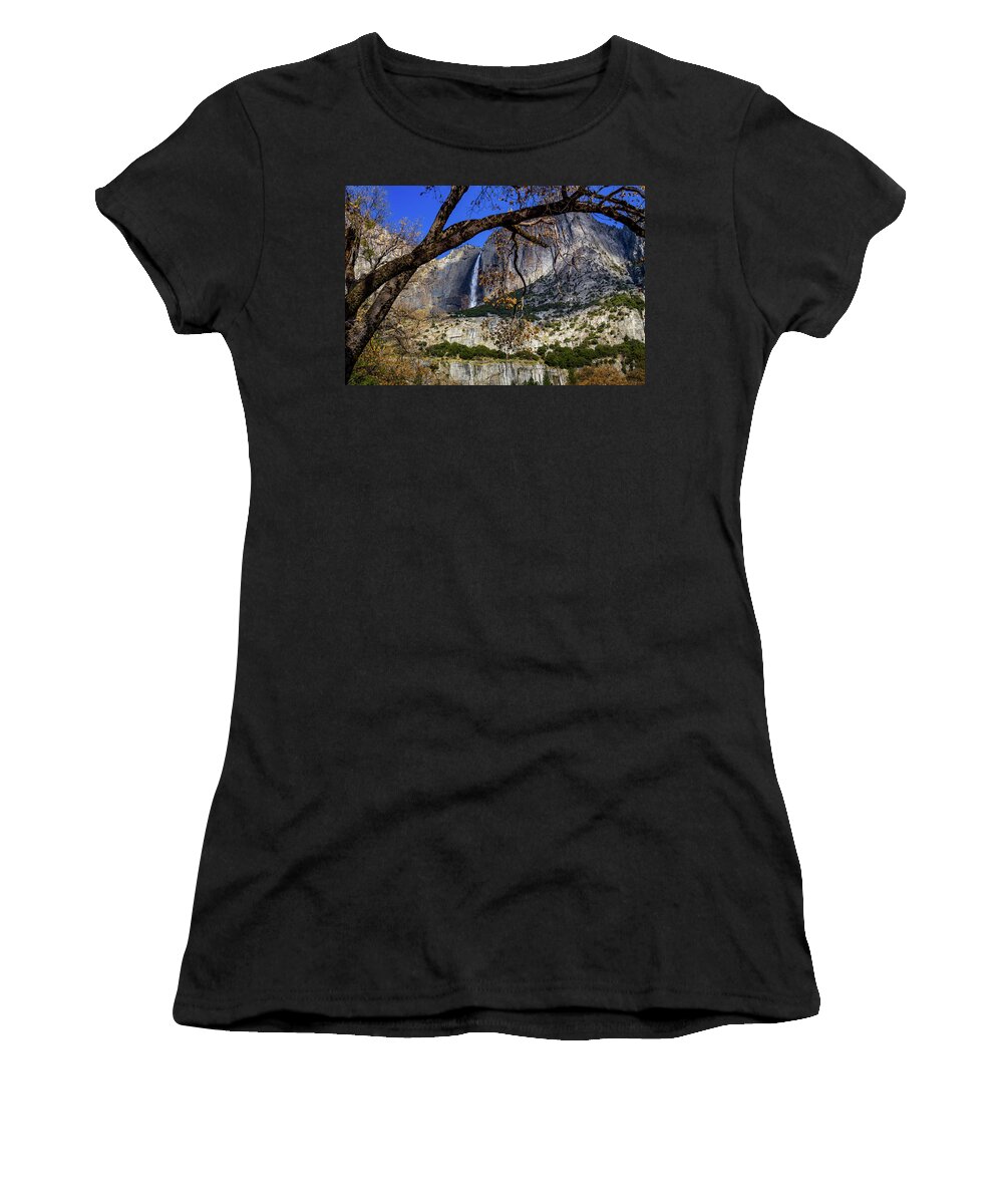  Fall Women's T-Shirt featuring the photograph Yosemite Falls framed by tree branch by Roslyn Wilkins