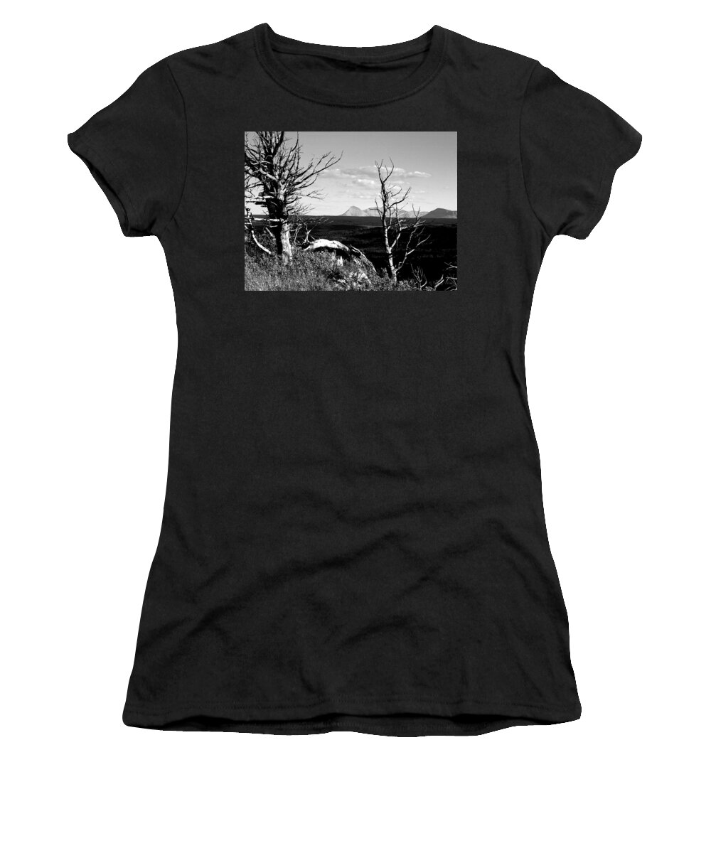 Bristle Cone Pines Women's T-Shirt featuring the photograph Bristle Cone Pines with Divide Mountain in Black and White by Tracey Vivar