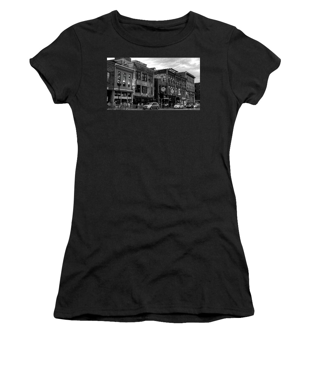Broadway Street Nashville Tennessee Women's T-Shirt featuring the photograph Broadway Street Nashville Tennessee In Black And White by Carol Montoya