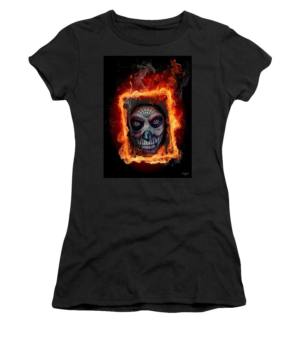 Digital Art Women's T-Shirt featuring the digital art Burning Frame and Skull by Artful Oasis