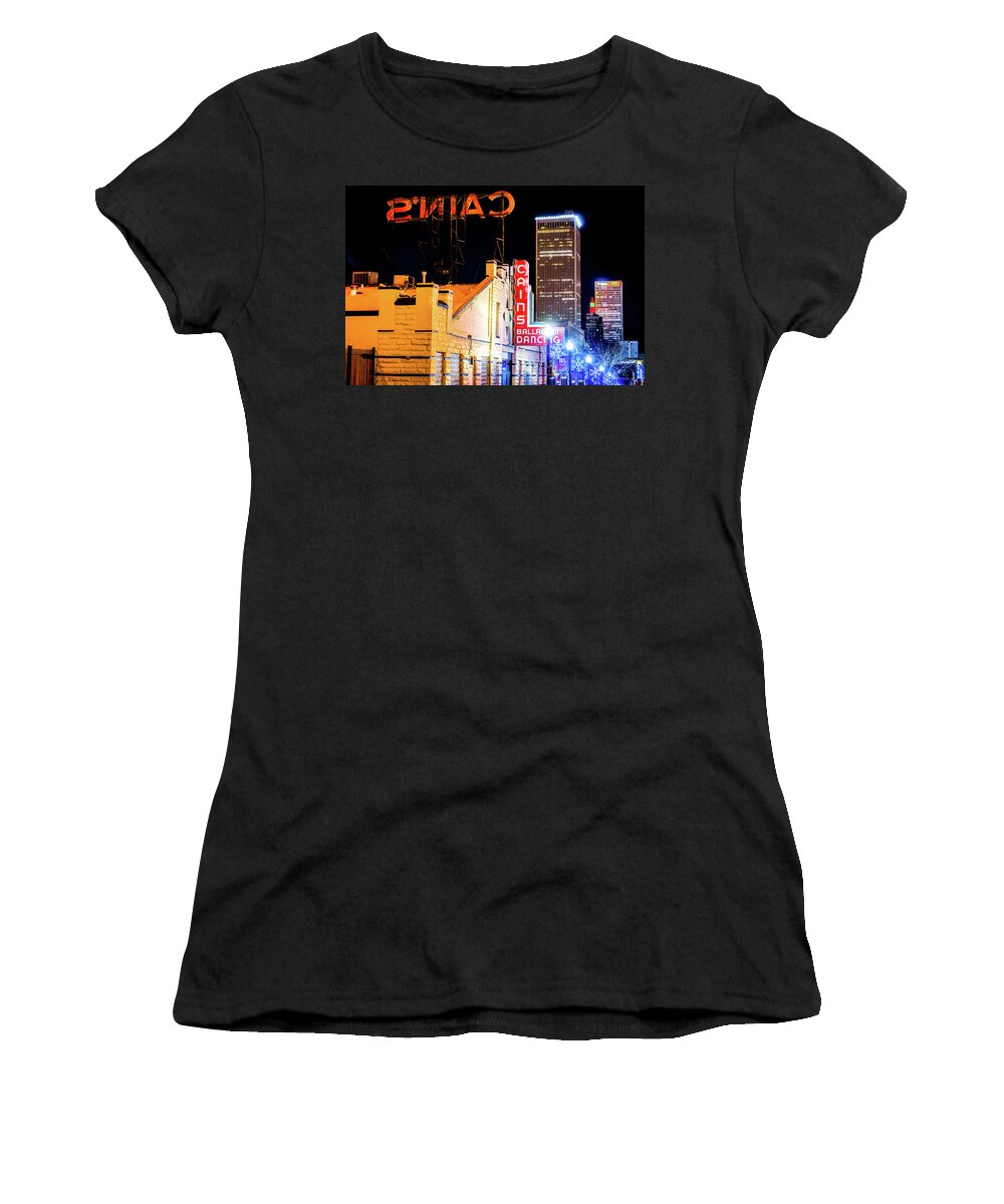 America Women's T-Shirt featuring the photograph Cains Ballroom Music Hall and the Tulsa Skyline by Gregory Ballos