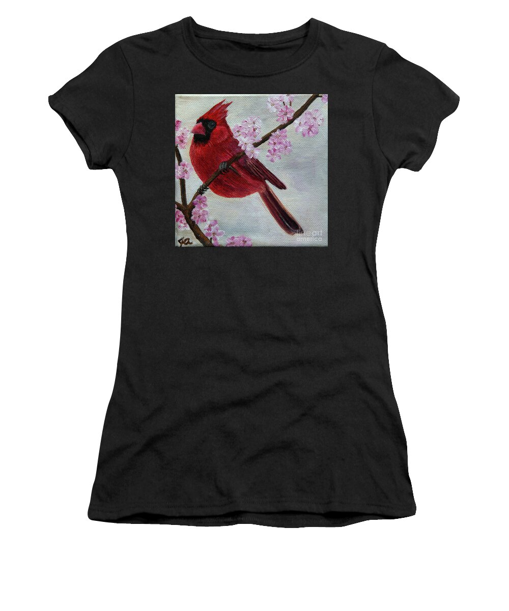 Bird Women's T-Shirt featuring the painting Cardinal in Cherry Blossoms by Jane Axman