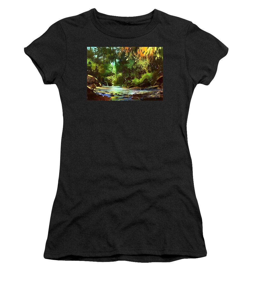 Painting Women's T-Shirt featuring the painting Cascades In Forest by Tithi Luadthong