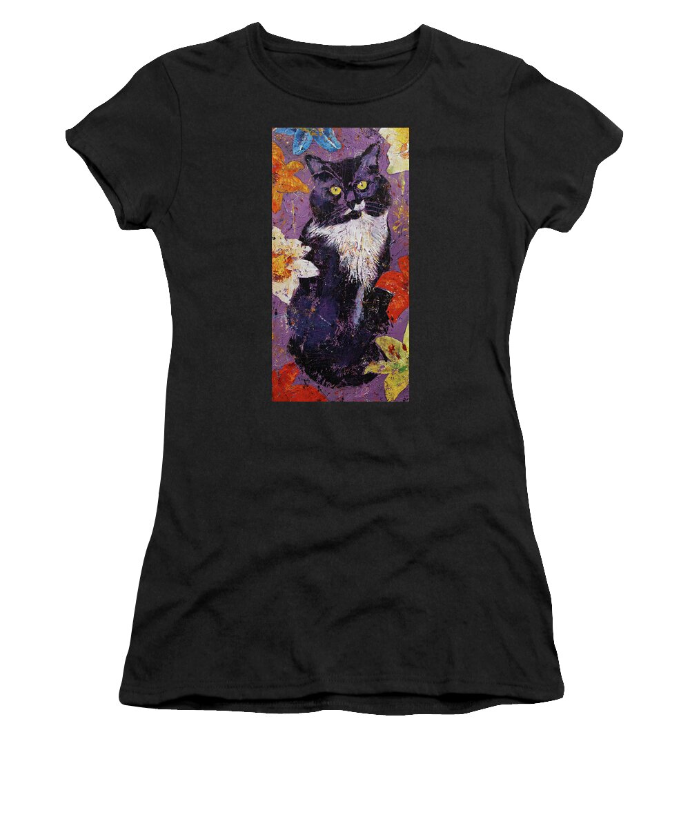 Cat Women's T-Shirt featuring the painting Cat with Tiger Lilies by Michael Creese