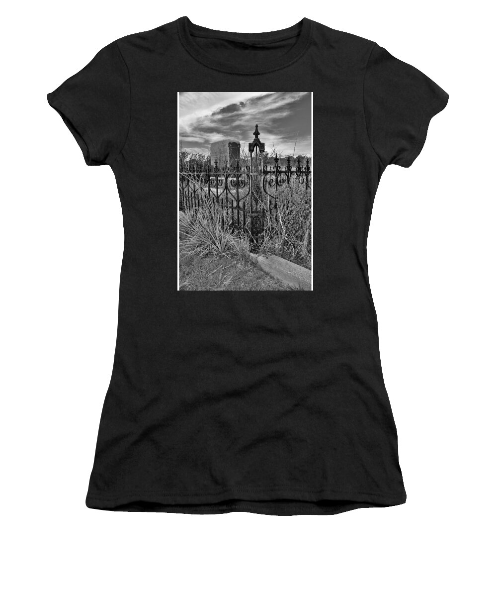 Cemetery Women's T-Shirt featuring the photograph Cemetery Fence Post and Sky by Sandra Dalton