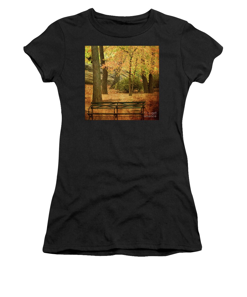 Central Park Women's T-Shirt featuring the photograph Central Park Benches by Dorothy Lee