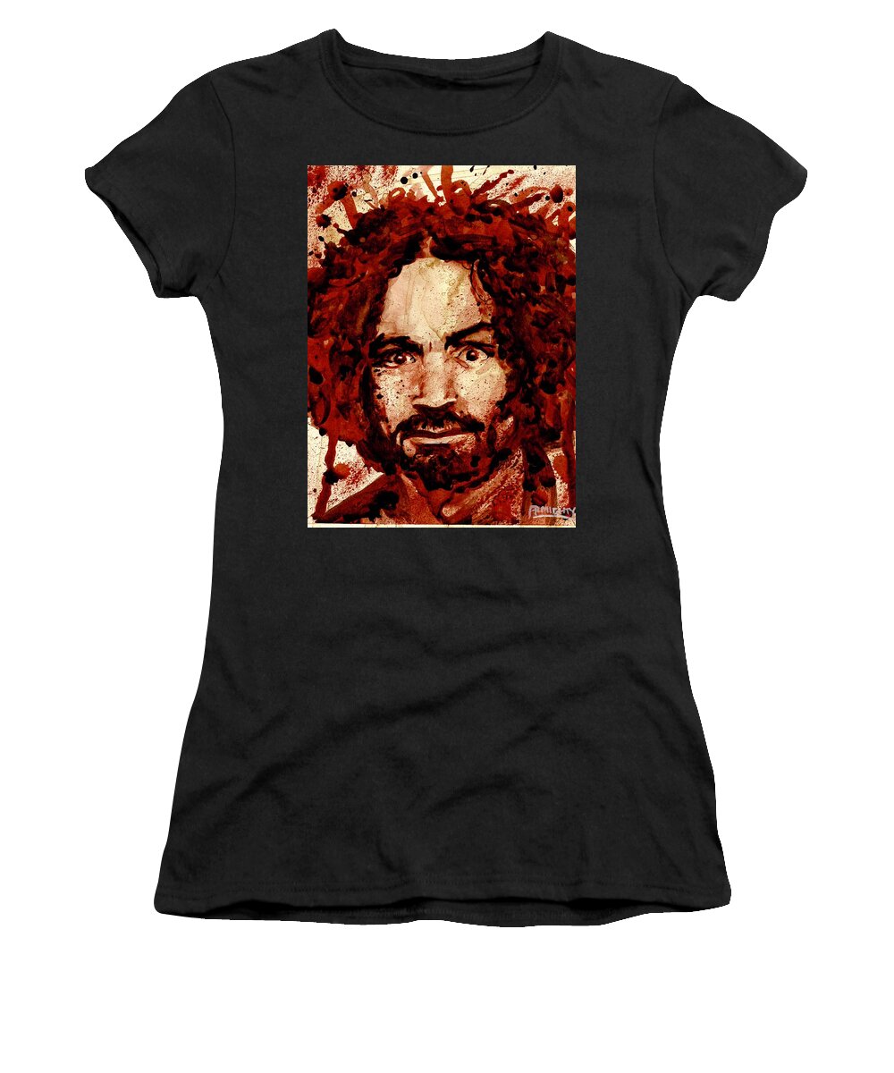 Ryan Almighty Women's T-Shirt featuring the painting CHARLES MANSON portrait dry blood by Ryan Almighty