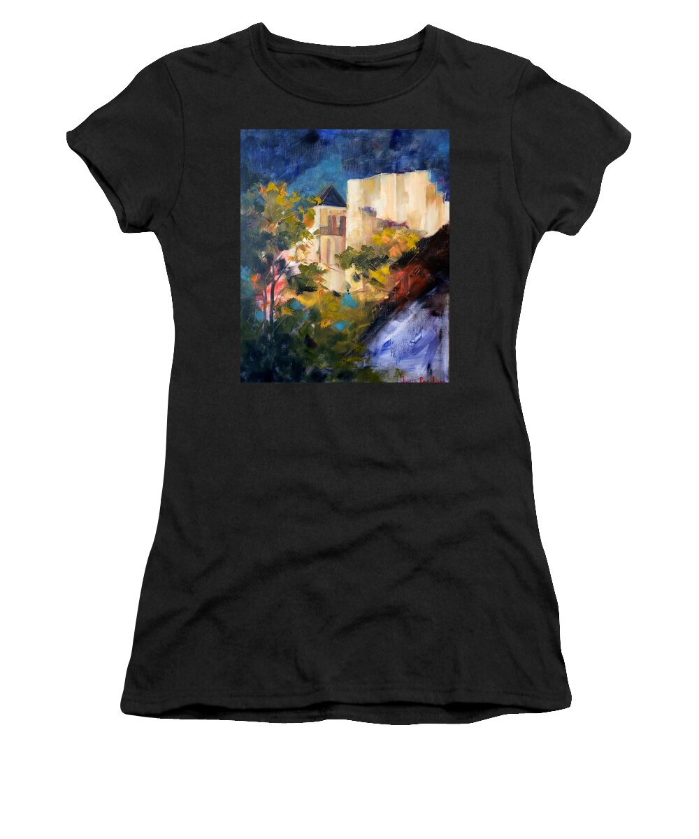  Women's T-Shirt featuring the painting Chauvigny by Night by Kim PARDON