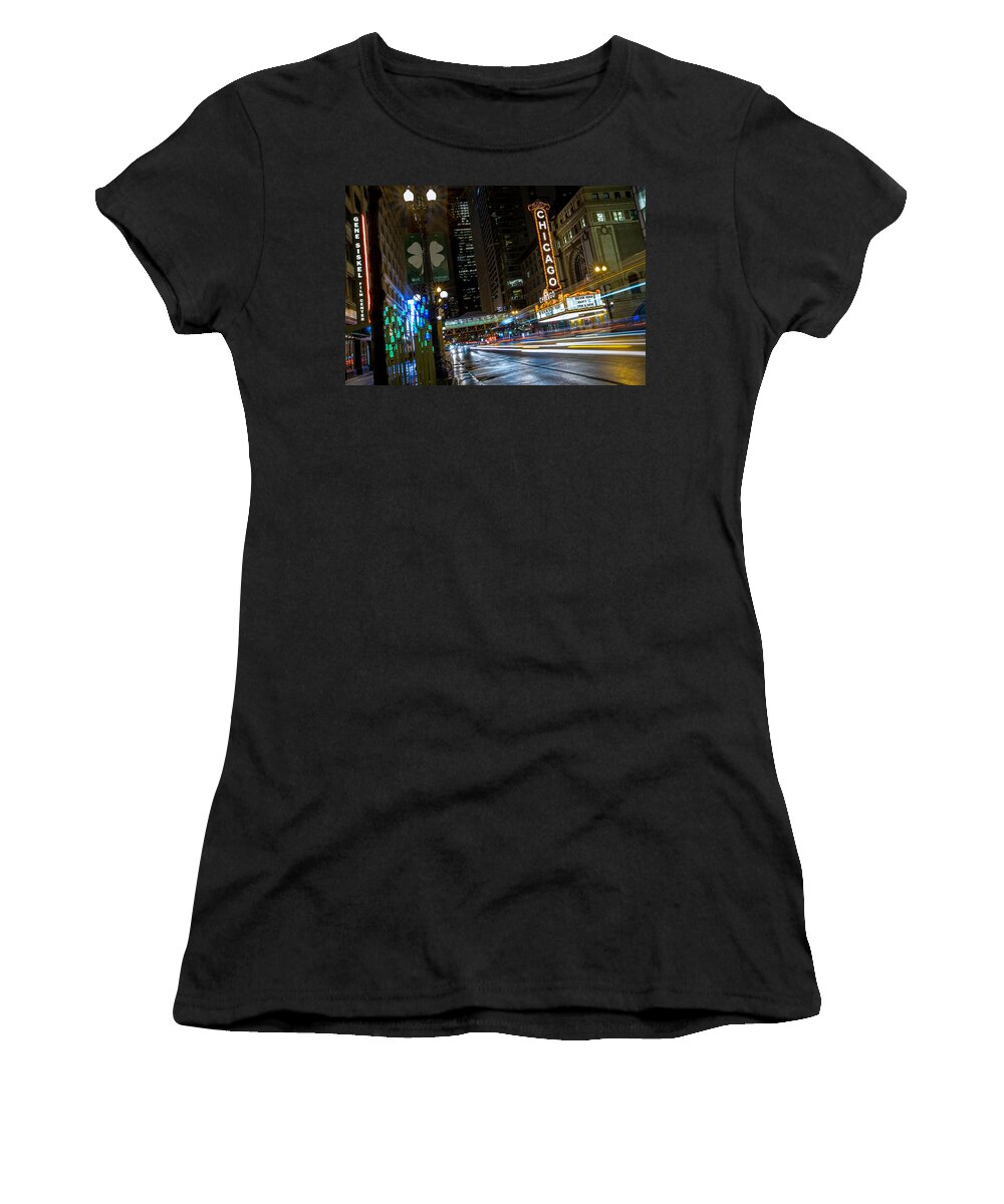 Chicago Theatre Women's T-Shirt featuring the photograph Chicago Theatre Lightscape by Ryan Smith