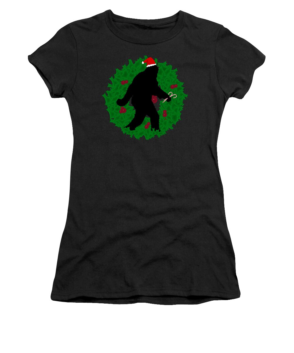 Merry Christmas Women's T-Shirt featuring the digital art Christmas Sasquatch with Wreath by Gravityx9 Designs