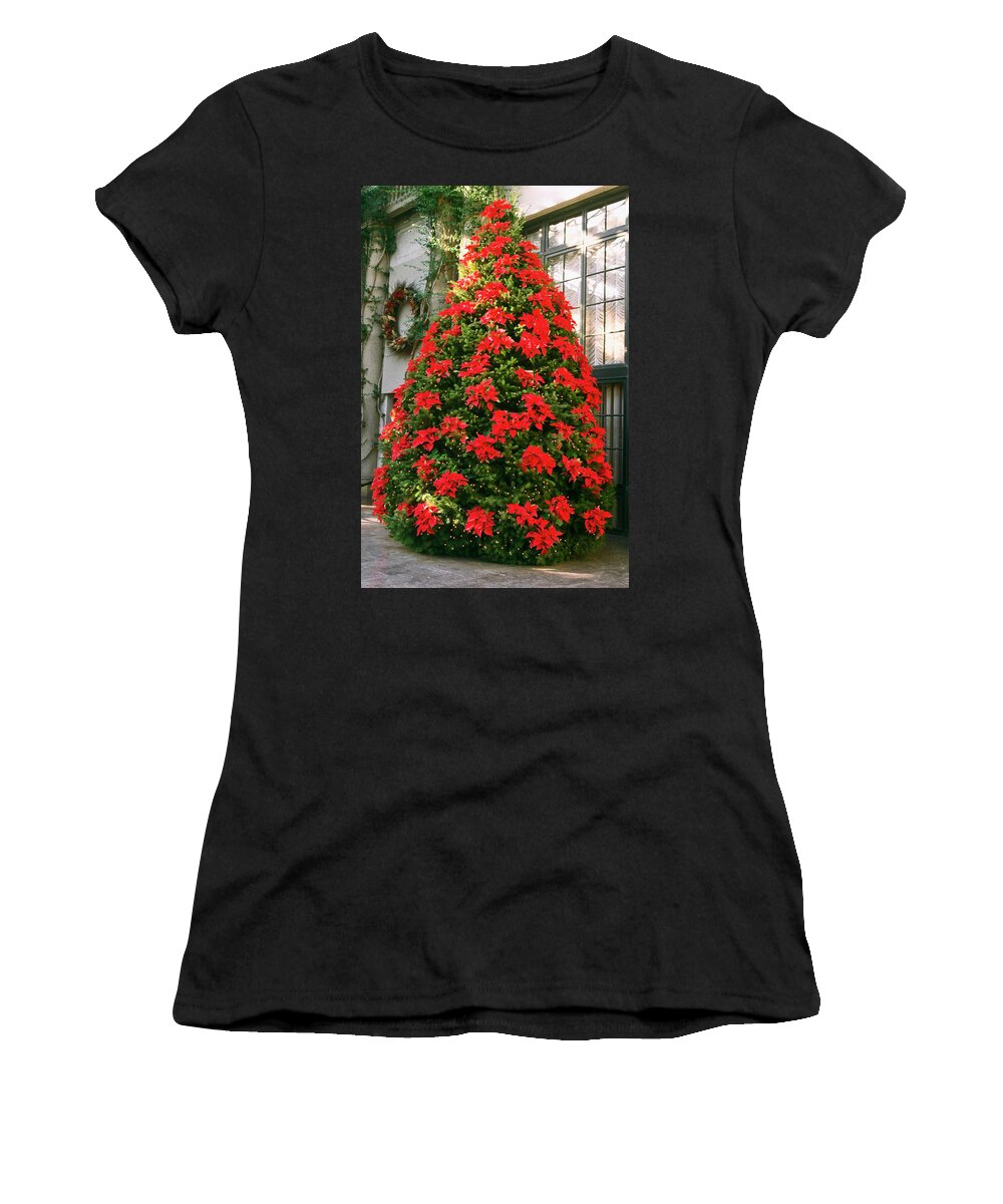 Large Christmas Tree Decorated Women's T-Shirt featuring the photograph Christmas Tree With Poinsettias by Sally Weigand
