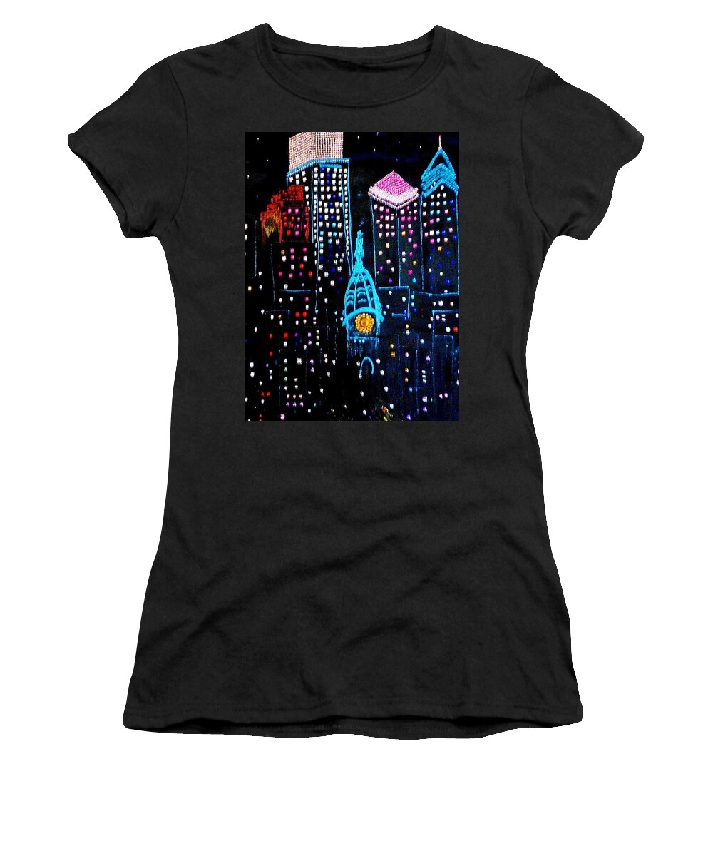  Women's T-Shirt featuring the painting City Lights by Lilliana Didovic