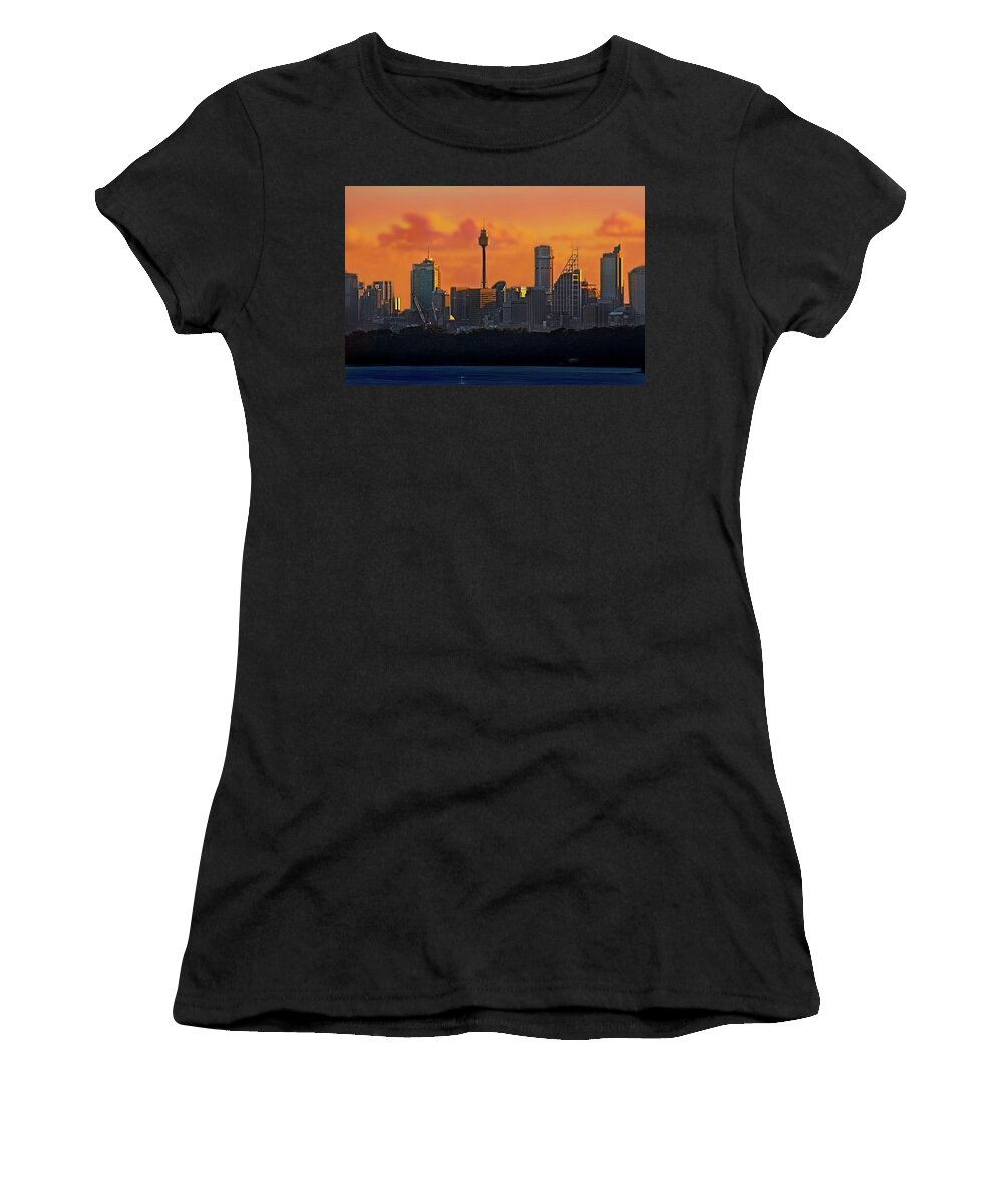 North Head Women's T-Shirt featuring the photograph CIty Of Sydney And Orange Clouds by Miroslava Jurcik