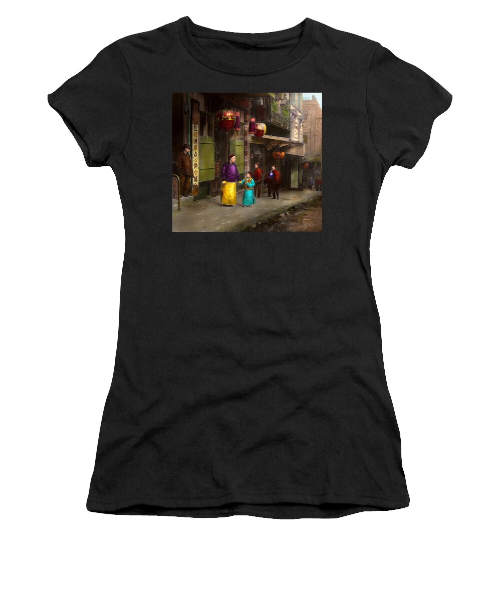 Kungfu Women's T-Shirt featuring the photograph City - San Francisco - Chinatown - Visiting the commoners 1896-06 by Mike Savad