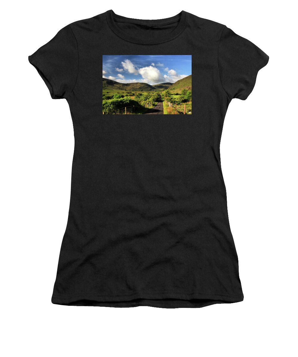  Women's T-Shirt featuring the photograph Cloghane Road to Lake by Mark Callanan